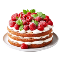 Fresh Raspberry Cake with Cream and Mint Leaves on White Plate png