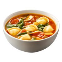 Fresh Vegetable Tortellini Soup in White Bowl Plain Background png