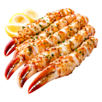 Delicious Grilled Crab Legs Garnished with Lemon Slices and Herbs png