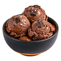 Delicious Chocolate Ice Cream Scoops in a Black Bowl with Toppings png