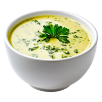 Fresh Creamy Soup with Herbs and Leafy Garnish in White Bowl png