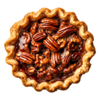 Delicious pecan pie with caramel glaze and crunchy pecans on top png