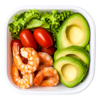 Fresh Shrimp, Avocado, and Cherry Tomato Salad in a Takeout Container png