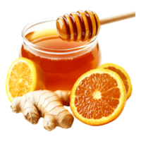 Fresh Honey with Ginger Root and Orange Slices in Bright Light Setting png
