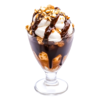 Delicious Chocolate Sundae with Ice Cream, Nuts, and Whipped Cream Topping png