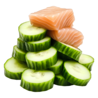 Fresh Salmon Fillets and Crisp Sliced Cucumbers Stacked Artistically png