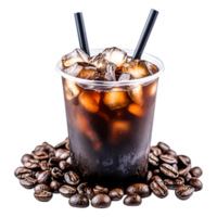 Refreshing Cold Brew Coffee in Clear Cup with Ice and Coffee Beans Surrounding png