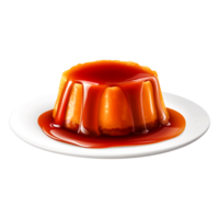 Creamy caramel dessert on white plate, rich and silky texture, inviting png