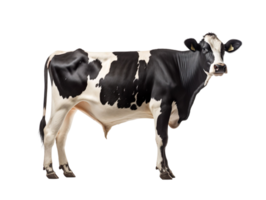 A black and white cow is standing isolated on transparent background png