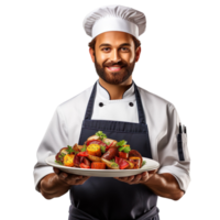 A chef in uniform holding a tray of food isolated on transparent background png