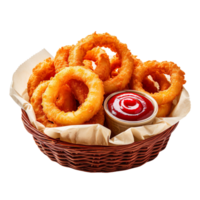 A basket of onion rings with a side of ketchup isolated on transparent background png