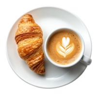 a cup of coffee with croissant on white plate isolated on transparent background png