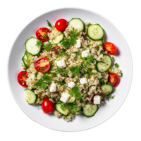 A plate of quinoa salad with sliced cucumber and tomatoes isolated on transparent background png