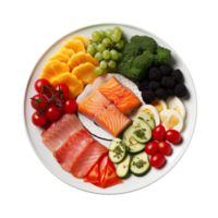 a plate with various types of foods isolated on transparent background png