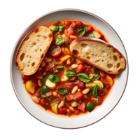A plate of minestrone with bread isolated on transparent background png