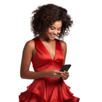 African American Woman in red dress using mobile phone isolated on transparent background png