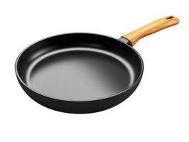 Black frying pan with wooden handle isolated on transparent background png