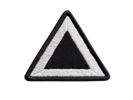 Blank black and white triangle embroidered patch mockup, top view isolated on transparent background png