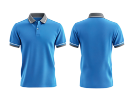 Blue polo shirt mockup with gray collar, front and back view isolated on transparent background png