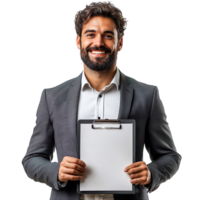business man holding clipboard with smile face isolated on transparent background png