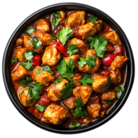 Chicken Vindaloo in black bowl top view isolated on transparent background png