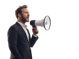 Confident Businessman Announcing with Megaphone isolated on transparent background png