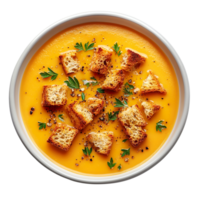 Creamy Butternut Squash Soup with Croutons isolated on transparent background png