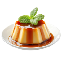 Cream caramel pudding with caramel sauce in plate isolated on transparent background png