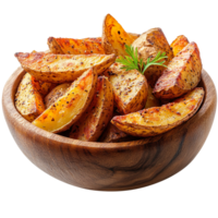 crispy potato wedges in wooden bowl isolated on transparent background png