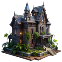 serene classic A Dilapidated Victorian Mansion Overgrown detailed png