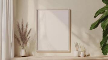 A blank frame on a shelf next to a plant photo