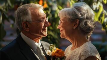 A joyful elderly couple gazes at each other, celebrating their love in a warm, natural setting. photo