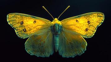 A yellow butterfly is shown against a black background photo