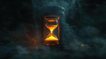 A glowing hourglass surrounded by mist, symbolizing the passage of time. photo