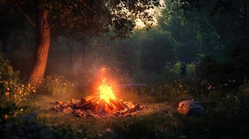 A campfire in the woods with a bright light photo