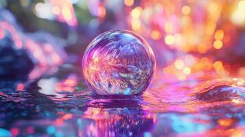 A vibrant, reflective sphere resting on a shimmering surface, surrounded by colorful lights. photo