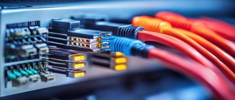 Close-up of network cables connected to a server, illustrating technology infrastructure. photo
