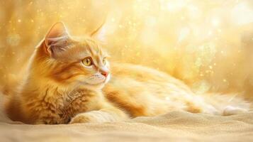 A serene orange cat rests gracefully against a soft, glowing background. photo