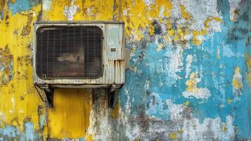 An old air conditioner on a yellow and blue painted wall photo