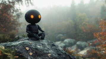 A small robot with glowing eyes sits on a rock in a misty forest setting. photo