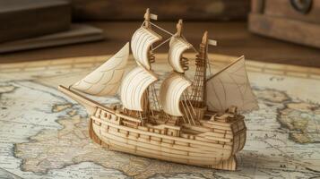 A detailed wooden ship model displayed on an old map, evoking maritime exploration. photo