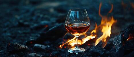 A glass of wine sitting on a fire photo