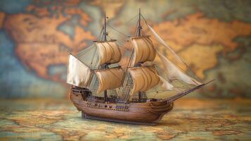 A detailed model of a classic sailing ship against a vintage map background. photo