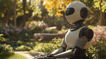 A humanoid robot sits peacefully in a serene garden setting, blending technology with nature. photo