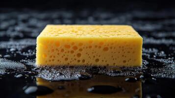 A yellow sponge on a black surface photo
