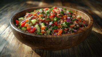A vibrant bowl of quinoa salad filled with fresh vegetables and herbs. photo