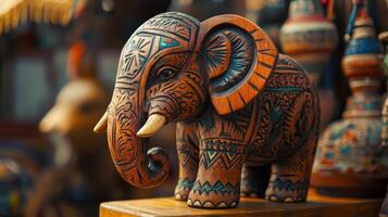 A beautifully carved wooden elephant figurine with intricate patterns and vibrant colors. photo