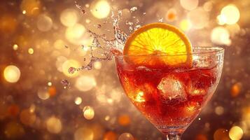 A glass of red wine with an orange slice photo