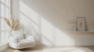 White chair in empty room with large windows photo