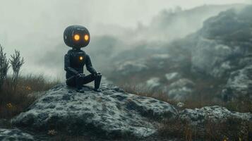 A small robot with glowing eyes sits on a rock in a misty, rocky landscape. photo